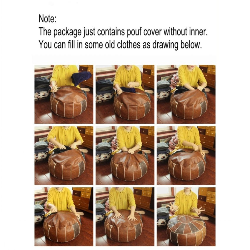 Moroccan PU Leather Pouf Embroider Craft Hassock Ottoman Footstool Round  Large 50*50*25cm  Artificial Leather Unstuffed Cushion