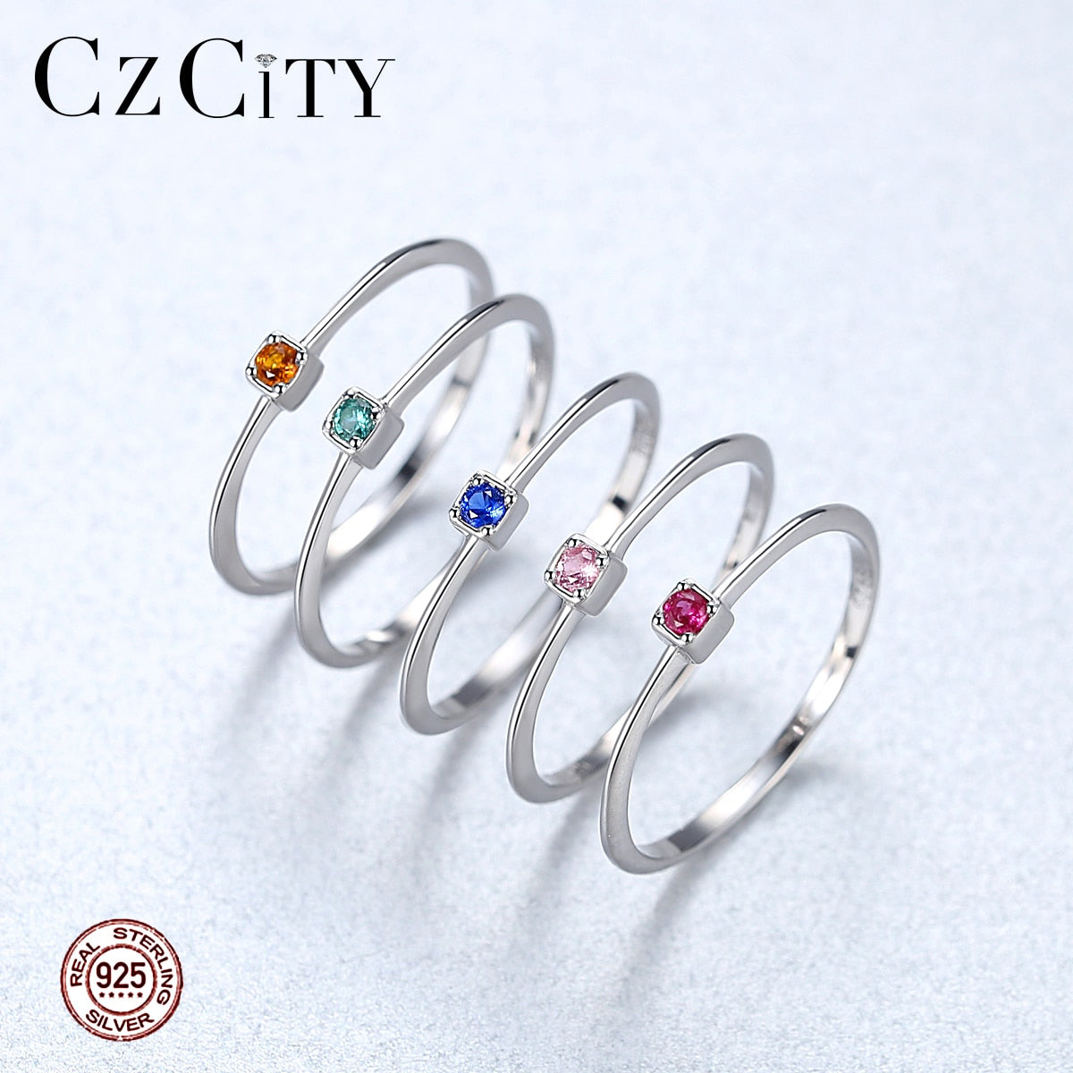 CZCITY Genuine 925 Sterling Silver VVS Green Topaz Wedding Rings for Women Minimalist Thin Circle Gem Rings Jewelry Carving S925
