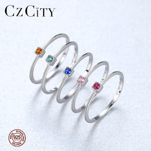 CZCITY Genuine 925 Sterling Silver VVS Green Topaz Wedding Rings for Women Minimalist Thin Circle Gem Rings Jewelry Carving S925