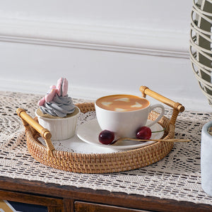 Rattan Storage Tray Round Basket with Handle Hand-Woven Rattan Tray Wicker Basket Bread Fruit Food Breakfast Display L