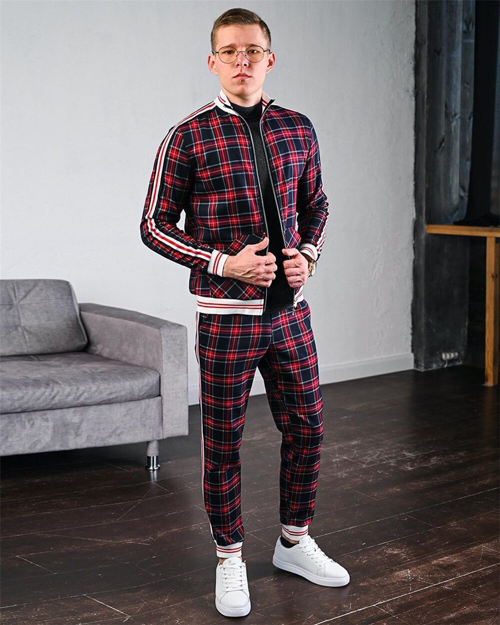 men's tracksuit spring autumn fashion Plaid tracksuit casual two piece set men's sports suit men's clothing men sets