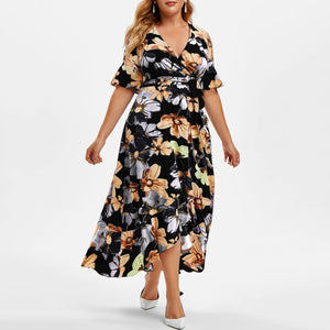 2021 Fashion Summer Beach Dress Women V Neck Short Sleeve Floral Print Ruffles Boho Dress Plus Size Maxi Long Dresses