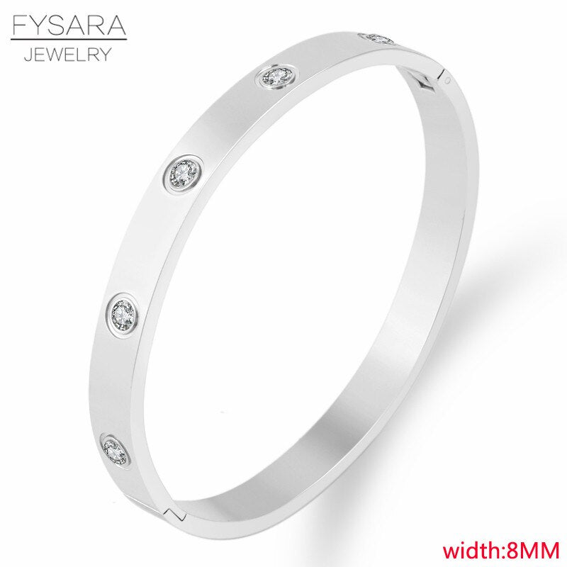 FYSARA Luxury Brand Crystals Lover Bangles Cubic Zirconia Bracelets Couple Luxuxy Jewelry Stainless Steel Bangles For Women Gift