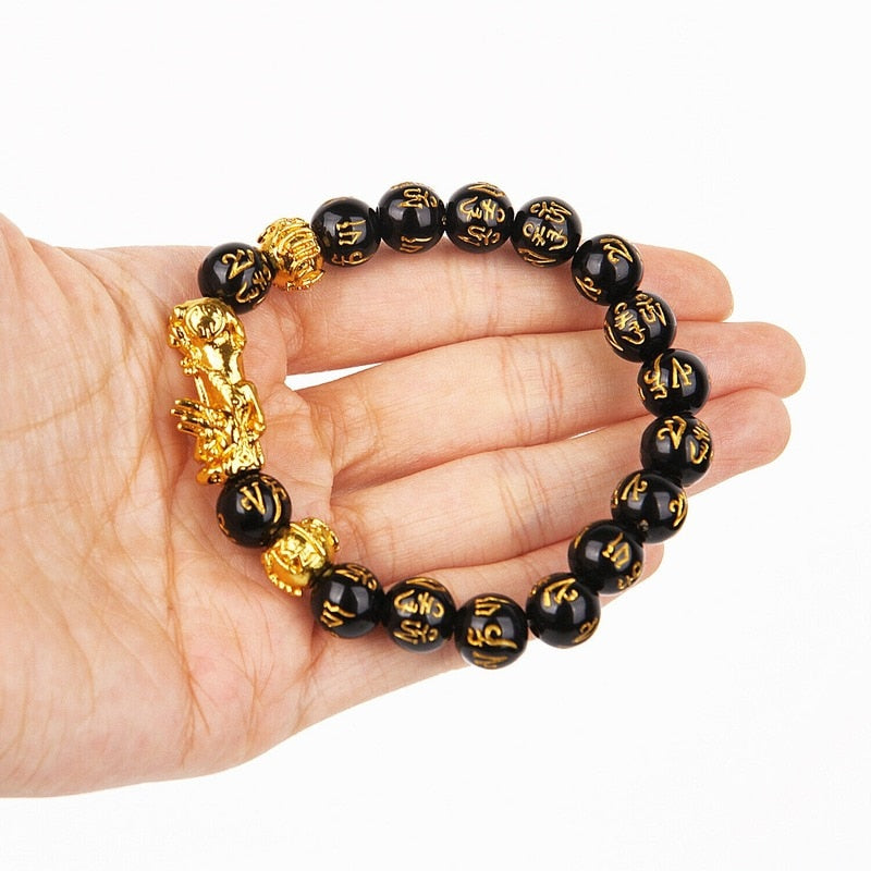 Feng Shui Black Beads Alloy Wealth Bracelet Unisex Wristband Gold Black Pixiu Wealth and Good Luck Women Men Bracelet