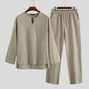 INCERUN Vintage Men Sets Homewear V Neck Long Sleeve Tops & Pants Streetwear Chinese Style Cotton Loose Men Suit Casual 2 Pieces