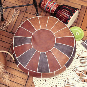 Moroccan PU Leather Pouf Embroider Craft Hassock Ottoman Footstool Round  Large 50*50*25cm  Artificial Leather Unstuffed Cushion