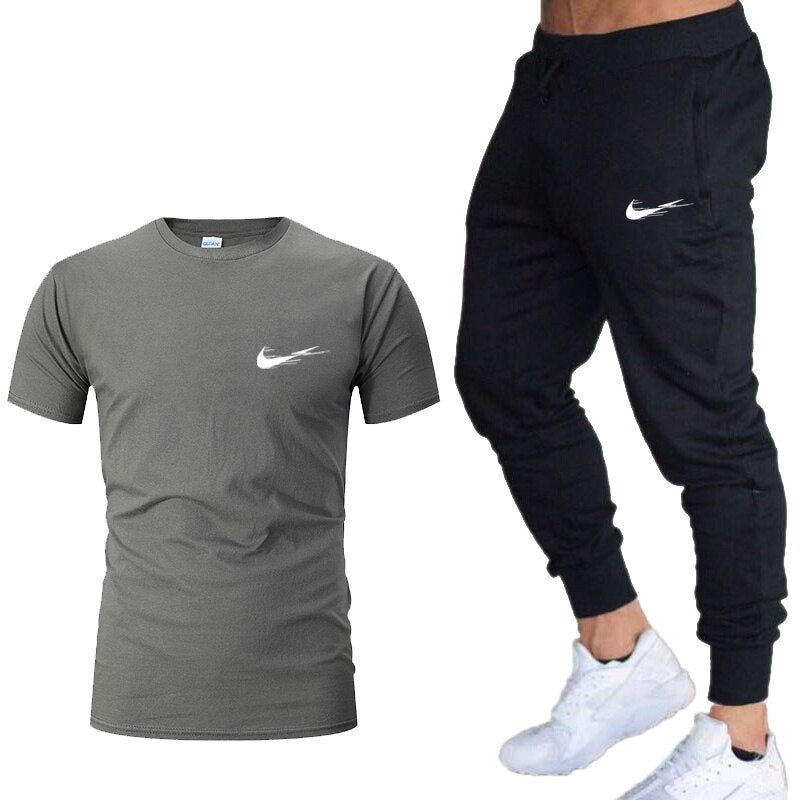 Tracksuit men Training Pants Men Sweatpants+running t-shirts men sets jogging Sportswear men Pants Gym Fitness 2 Piece Set