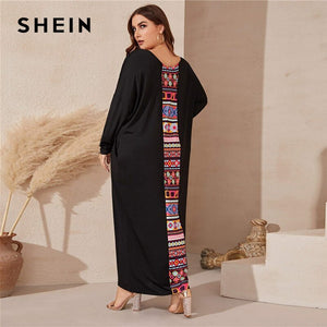 SHEIN Plus Size Black Tribal Print Panel Maxi Tee Dress Women Spring Casual Scoop Neck Tunic Plus Modest Maxi Dresses