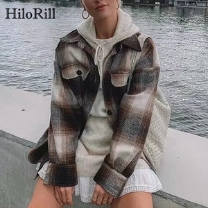 HiloRill Autumn Winter Streetwear Plaid Jacket Women Batwing Long Sleeve Loose Coat Office Casual Pocket Tops Ladies Outerwear