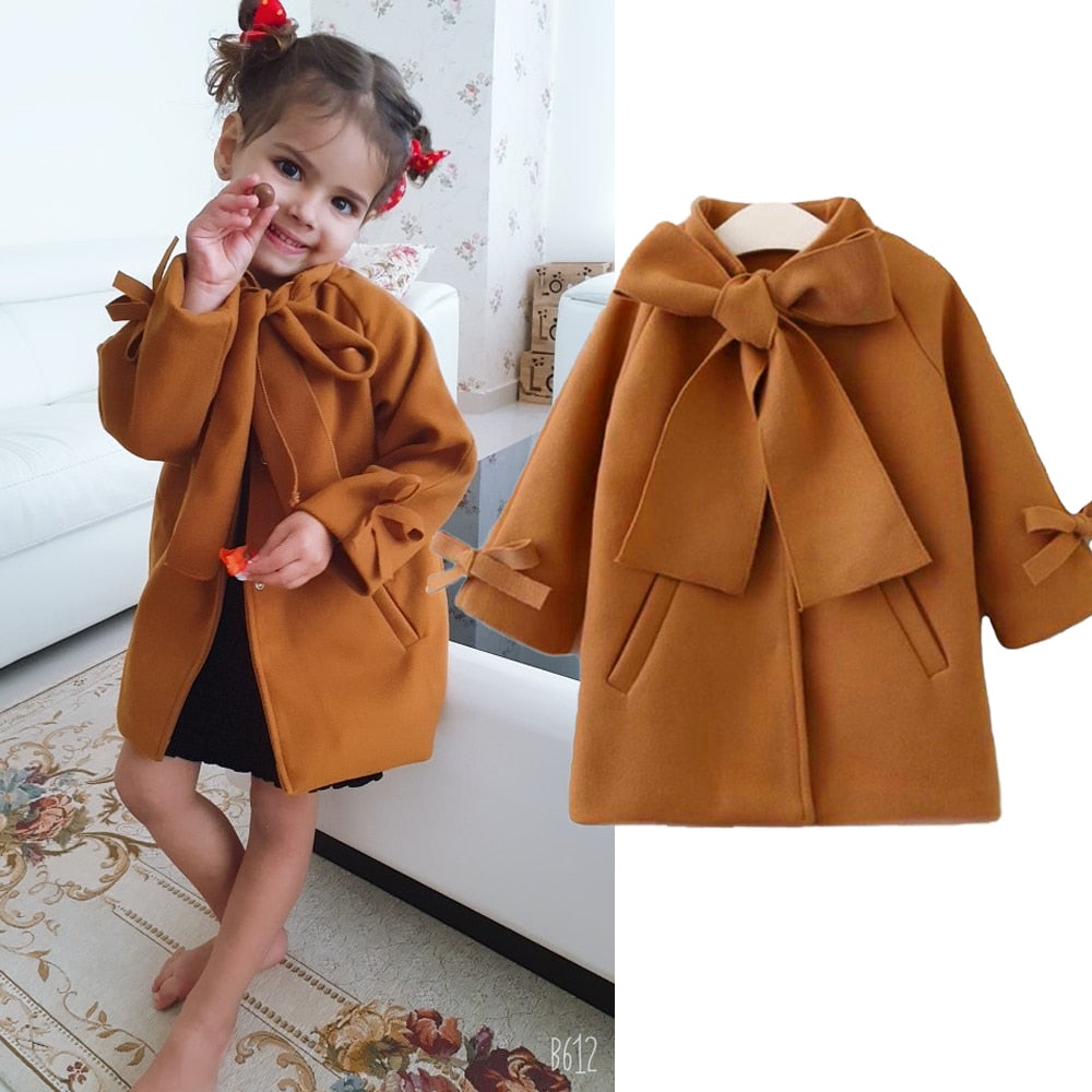 Manteau mignon pour bébés filles | Manteau en laine à simple boutonnage et nœud papillon pour enfants en bas âge, vêtements chauds et d'hiver, combinaison de neige 2-8 T