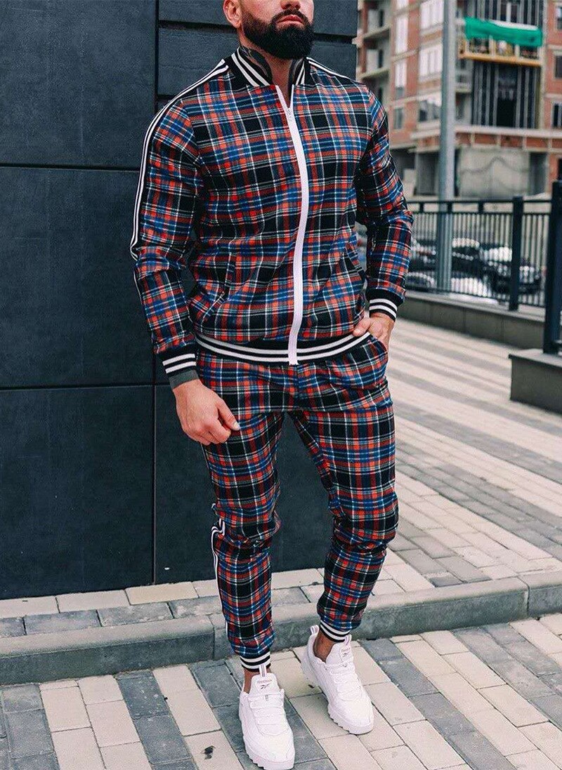 New Colorful Plaid Men Casual Zipper Set Autumn Tracksuit Set Male Sweatshirt Pocket Fashion Jackets Men Tracksuit Sets Mens set