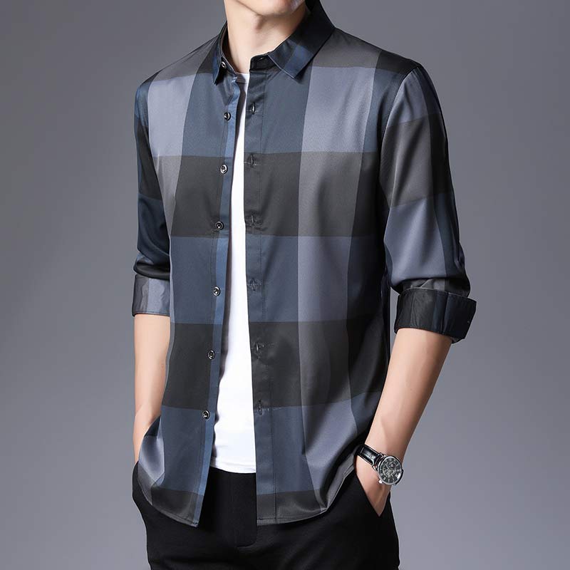 2020 Brand Casual Luxury Plaid Long Sleeve Slim Fit Men Shirt Streetwear Social Dress Autumn Shirts Mens Fashions Jersey 92339