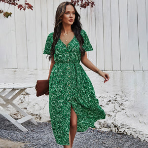 2021 Green Floral Print Ruffles Summer Dress Women Casual V-neck Button Sashes Dress Ladies Holiday Beach Sundresses Vestidos