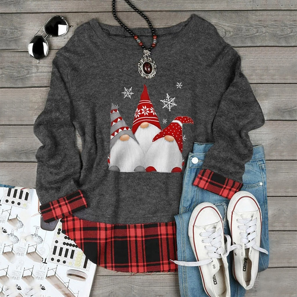 Blouse Women 2020 Women Christmas Printing Plaid Splicing Long Sleeve Blouse Tops Women Tops blusas mujer рубашка женская