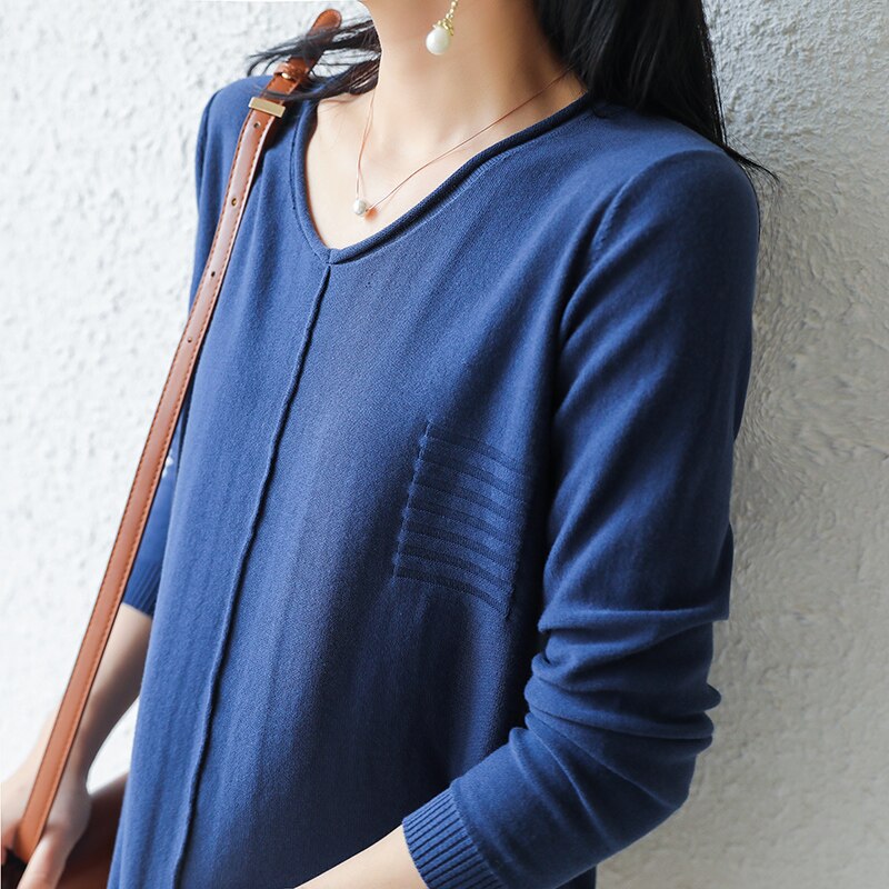 LITVRIYH New Women Sweater 100% Cotton Knitted Sweater Women Pullover V-Neck Long Sleeve Female Pullover Pull Femme Jumper Tops