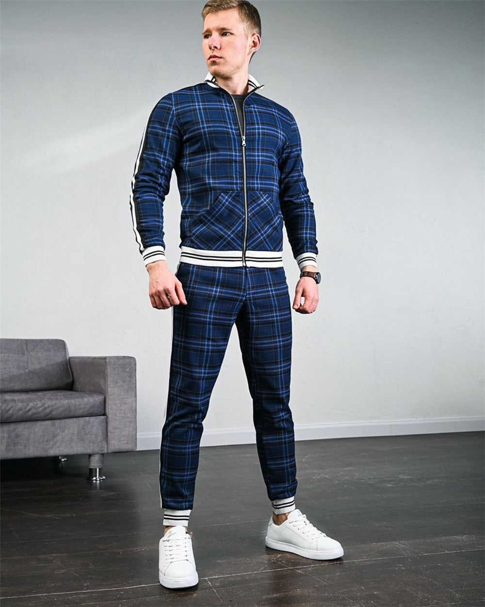 men's tracksuit spring autumn fashion Plaid tracksuit casual two piece set men's sports suit men's clothing men sets