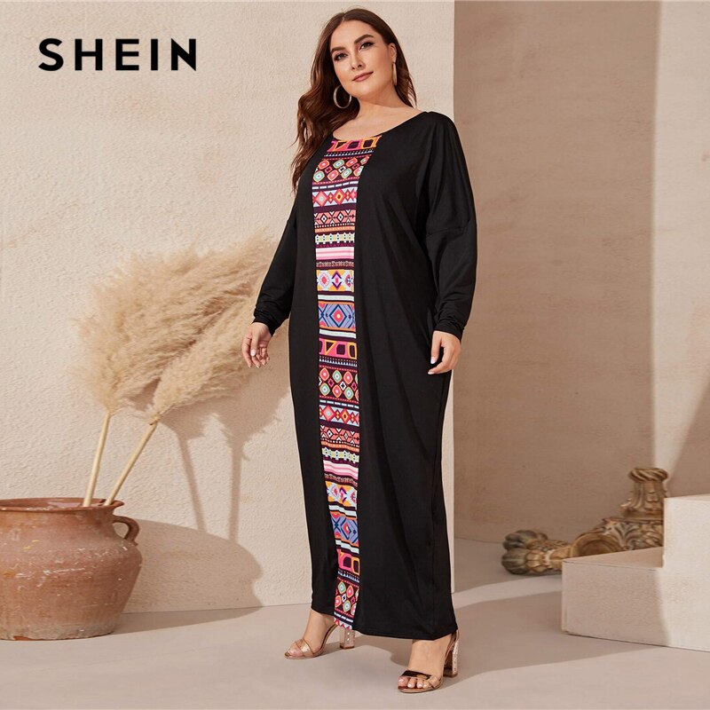 SHEIN Plus Size Black Tribal Print Panel Maxi Tee Dress Women Spring Casual Scoop Neck Tunic Plus Modest Maxi Dresses