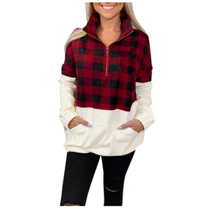 Hot Sale Sweater Women Casual Patchwork Color Block Lattice Pattern Pocket In Front Pullover Tops Winter chandail femme hiver