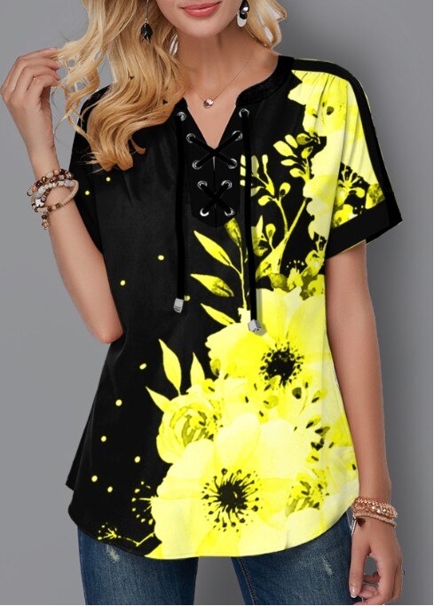Plus Size 4xl 5x Pullovers Blouse shirt Boho Print Lace Splice Women's Tops V-neck Loose 2020 Casual Summer New Female Tee Shirt