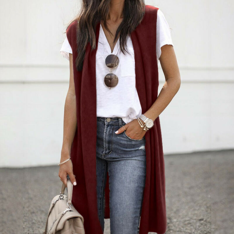 Women Sleeveless Solid Coat Vest Open Front Pocket Jacket Kimono Ladies Cardigan Outwear