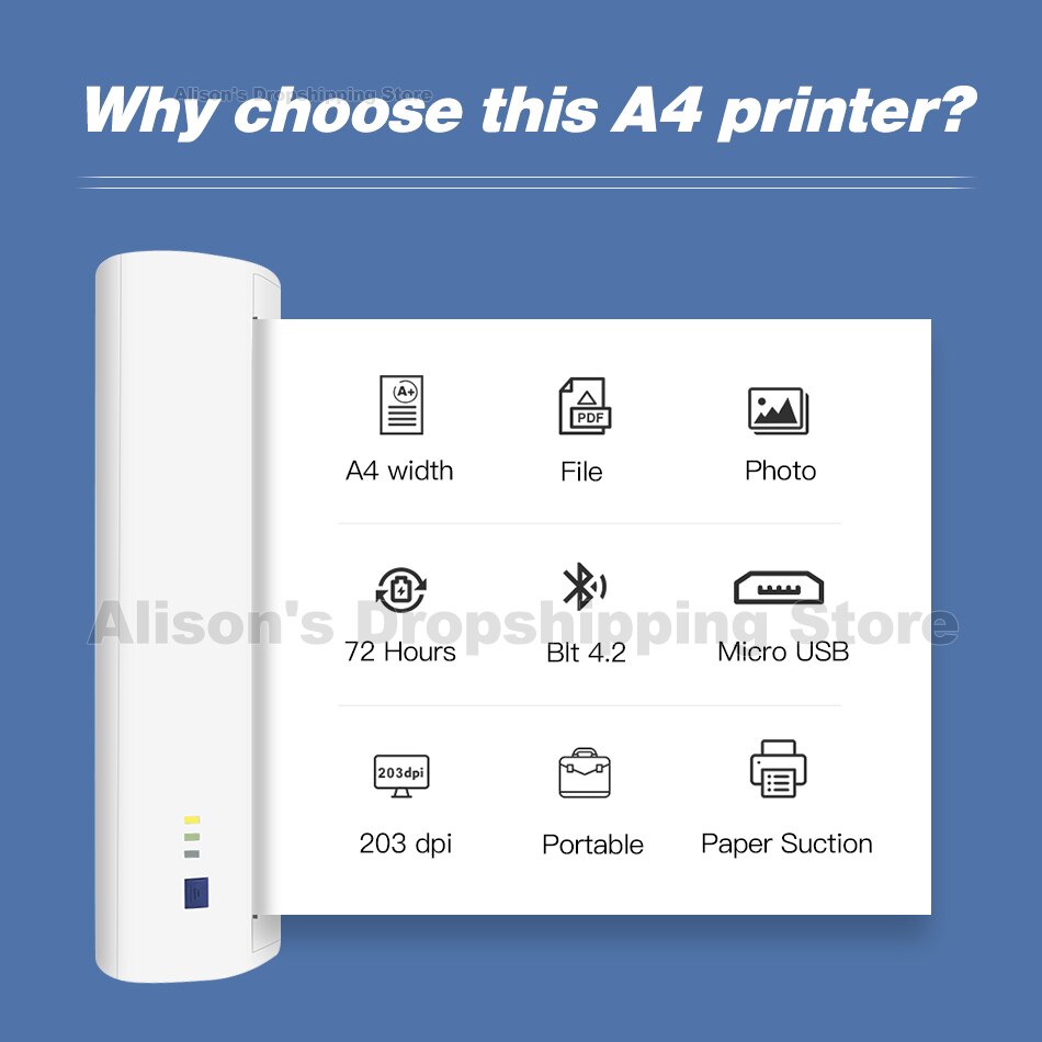 A4 Printer Thermal Bluetooth Printer with free APP Built-in Battery Support PDF Documents photos ios android PC USB