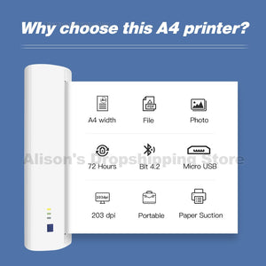 A4 Printer Thermal Bluetooth Printer with free APP Built-in Battery Support PDF Documents photos ios android PC USB