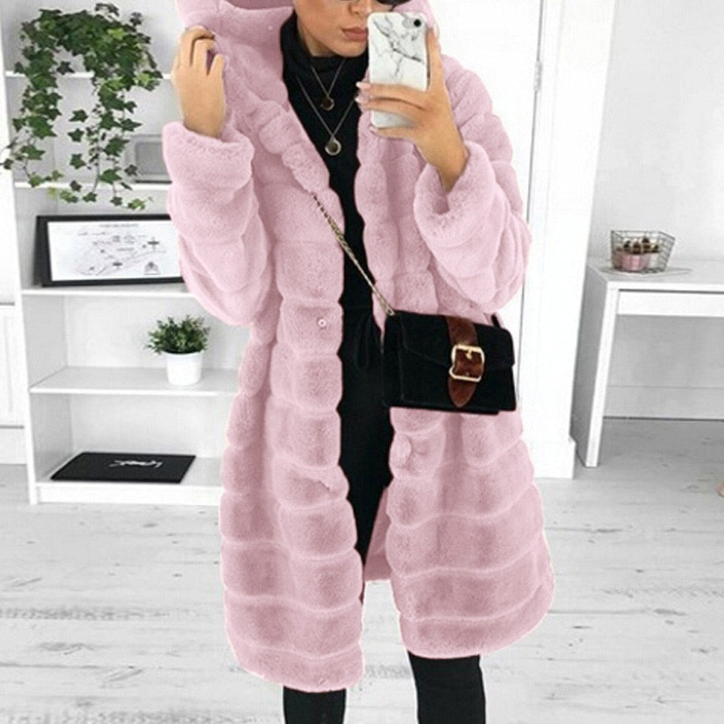Winter Casual Solid Teddy Coat Women Long Sleeve Fleece Long Jacket Hooded Lamb Fur Coat Outerwear Fourrure #T2G