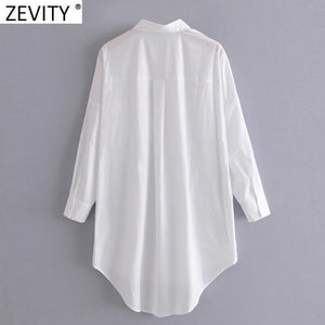 Zevity New Women Simply Pocket Patch Casual Long Blouse Ladies Long Sleeve Business Shirt Chic Femme Breasted Blusas Tops LS7346