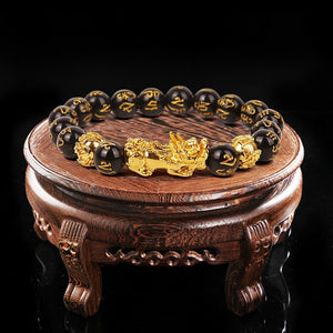 Feng Shui Black Beads Alloy Wealth Bracelet Unisex Wristband Gold Black Pixiu Wealth and Good Luck Women Men Bracelet