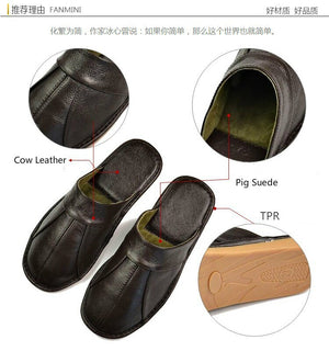 Luxury Cow Split Leather Handmade Men Home Slippers Spring Slip On Soft Comfortable Black Brown Bedroom Indoor Flat Men Shoes