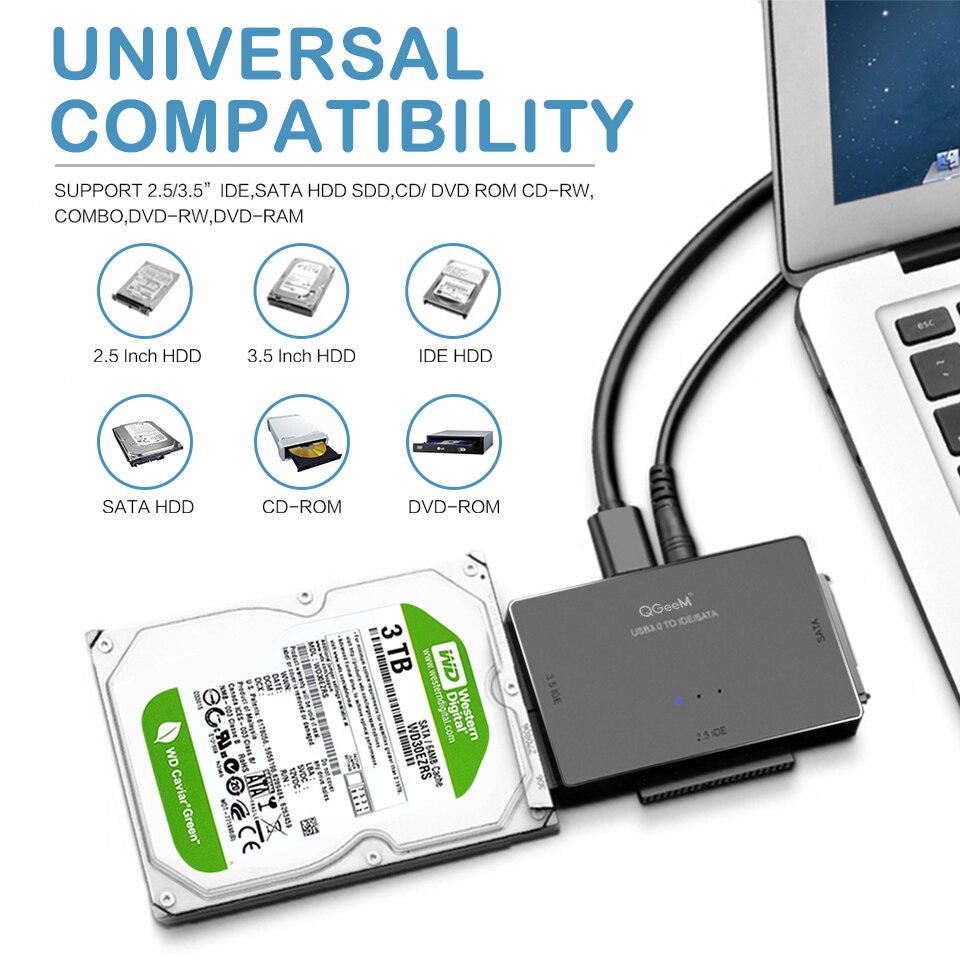 QGeeM SATA to USB IDE Adapter USB 3.0 Sata 2.5 3.5 Hard Disk Drive HDD SSD USB Converter IDE SATA to USB SATA Adapter Cable
