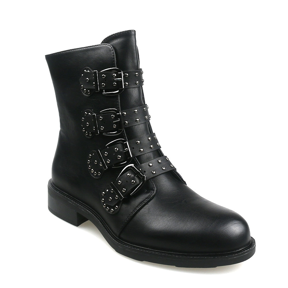 Leather Women Ankle Boots Autumn Rivet Buckle Short Boots For Ladies Flat Fashion Woman Black Winter Punk Motocycle Shoes 2020
