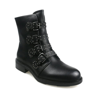Leather Women Ankle Boots Autumn Rivet Buckle Short Boots For Ladies Flat Fashion Woman Black Winter Punk Motocycle Shoes 2020