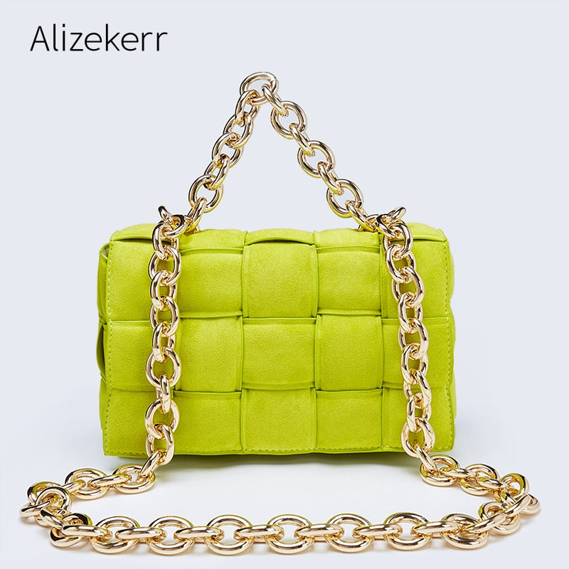 Thick Metal Chain Frosted Suede Shoulder Bag Women New Designer Woven Soft Square Crossbody Bags Female Chic Purse High Quality