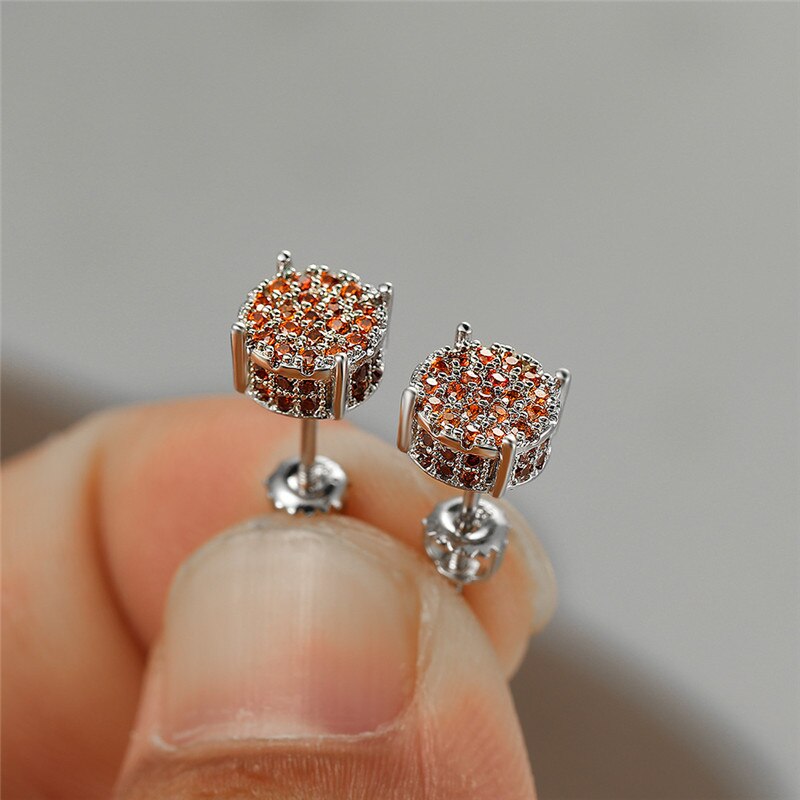 Female Luxury Austria Crystal Screw Back Stud Earrings For Women White/Blue/Purple Round Zircon Hip Hop Earrings Wedding Jewelry