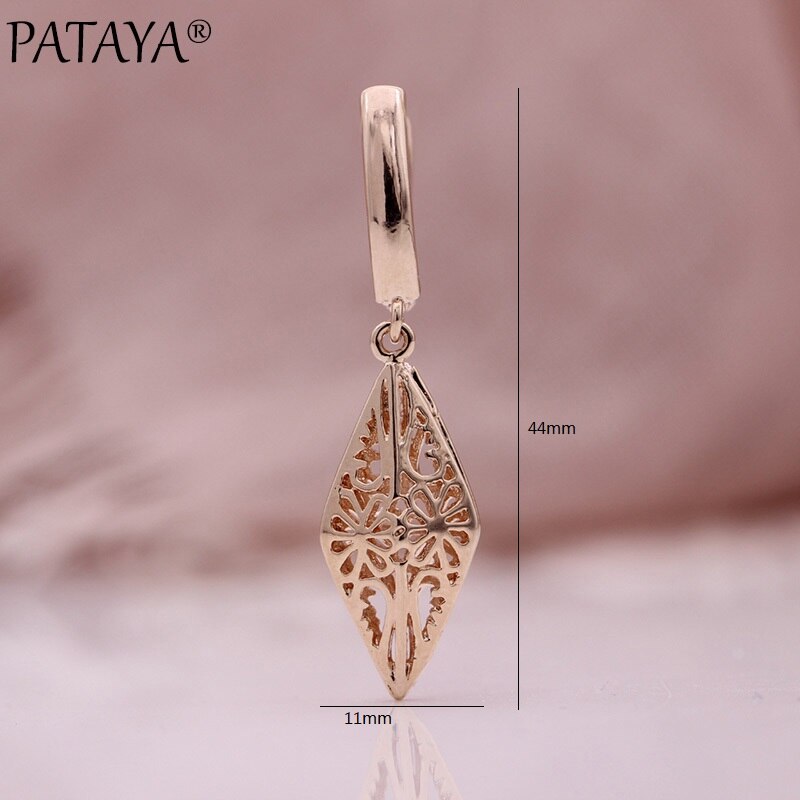 PATAYA New 585 Rose Gold Long Dangle Earrings Women Hollow Earrings Pattern Conical Simple Wedding Party Fine Fashion Jewelry