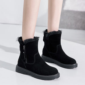 2020  Genuine Leather Winter Zipper Fur Warm Plush Ankle Snow Boots With Platform Low Heels Short Booties Women Flat Shoes