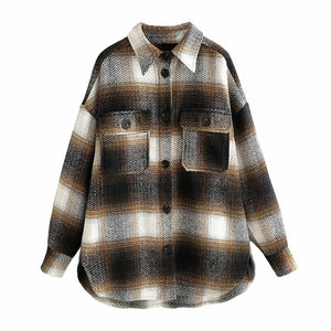 HiloRill Autumn Winter Streetwear Plaid Jacket Women Batwing Long Sleeve Loose Coat Office Casual Pocket Tops Ladies Outerwear