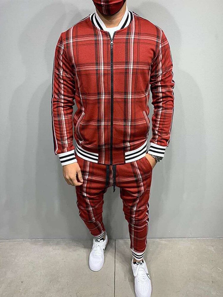 New Colorful Plaid Men Casual Zipper Set Autumn Tracksuit Set Male Sweatshirt Pocket Fashion Jackets Men Tracksuit Sets Mens set