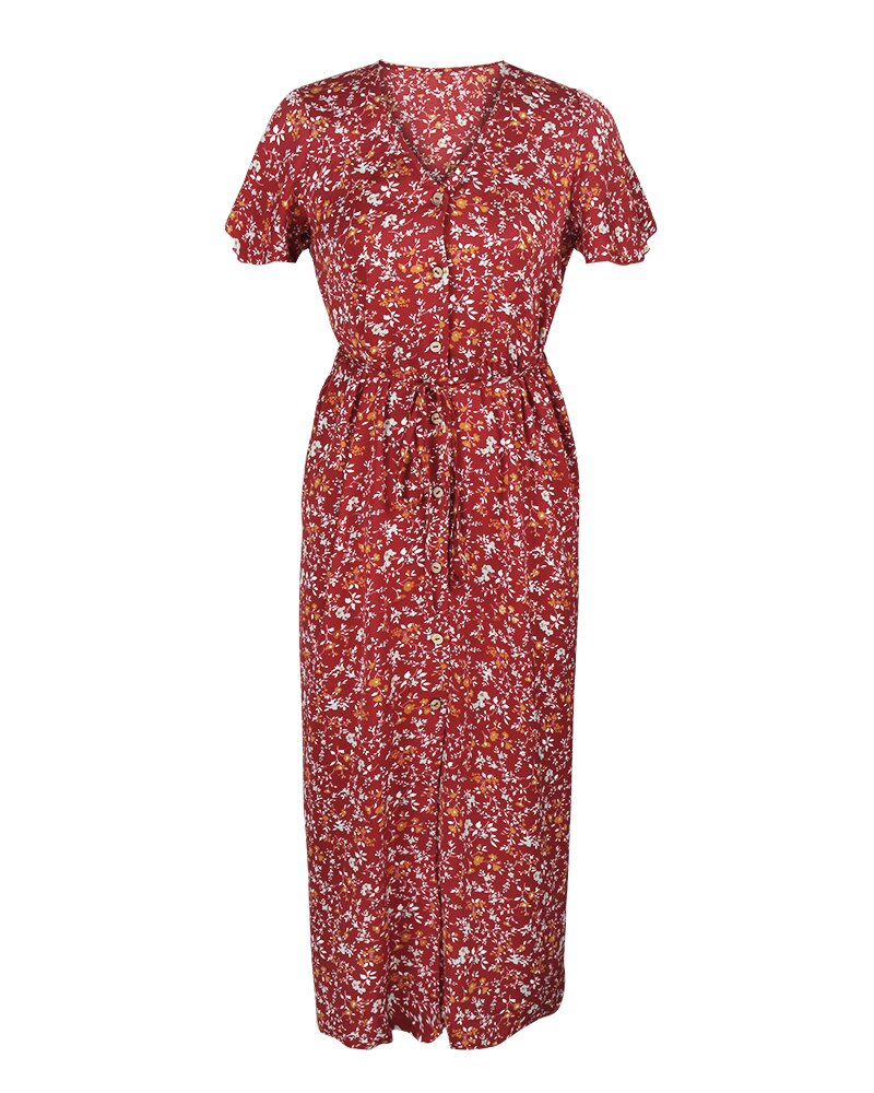 2021 Green Floral Print Ruffles Summer Dress Women Casual V-neck Button Sashes Dress Ladies Holiday Beach Sundresses Vestidos