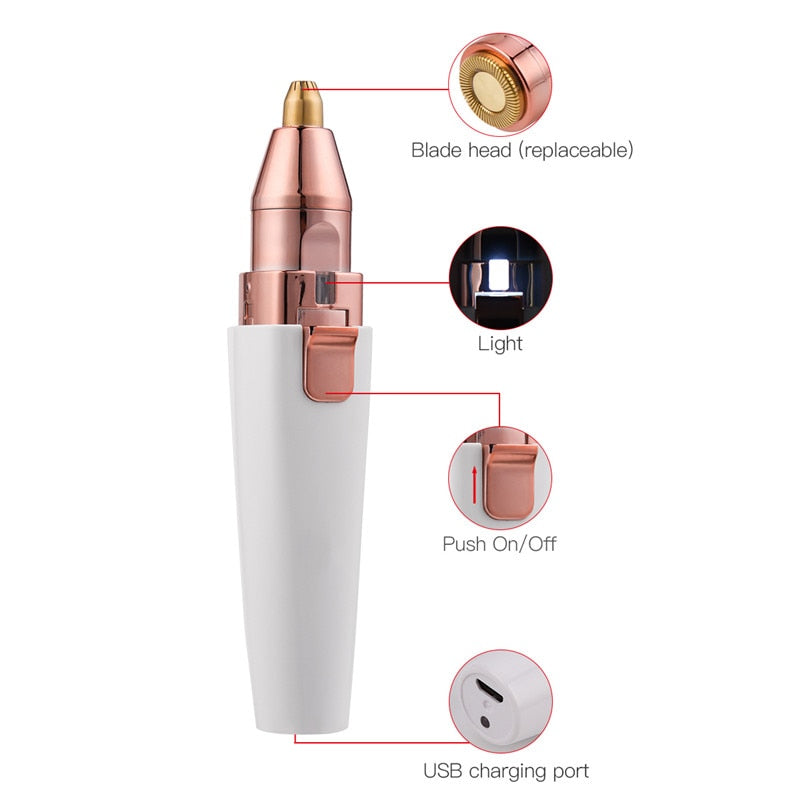 2 In 1 Electric eyebrow trimmer USB Rechargeable hair remover women shaver  LED light lady Epilator Razor face Makeup Tool
