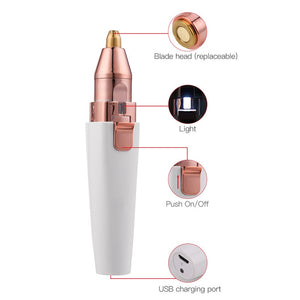 2 In 1 Electric eyebrow trimmer USB Rechargeable hair remover women shaver  LED light lady Epilator Razor face Makeup Tool