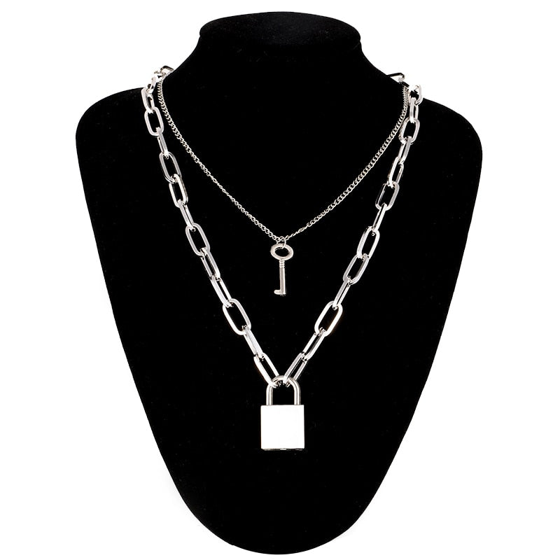 Double layer Lock Chain necklace grunge punk 90s link chain silver color padlock pendant necklace women aesthetic egirl jewelry