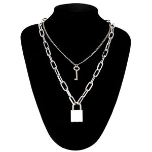 Double layer Lock Chain necklace grunge punk 90s link chain silver color padlock pendant necklace women aesthetic egirl jewelry