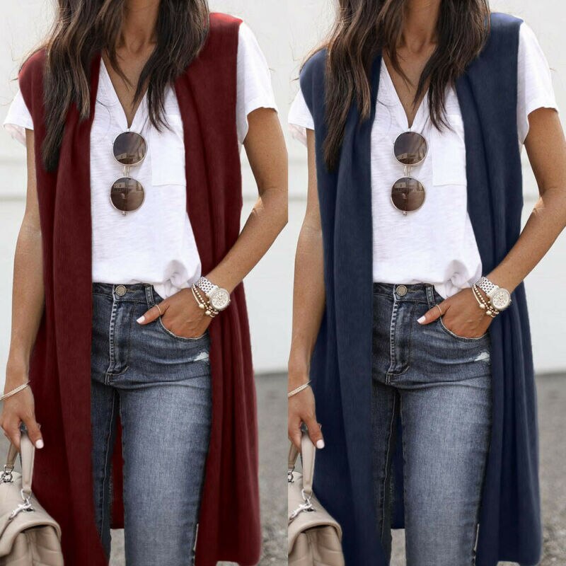Women Sleeveless Solid Coat Vest Open Front Pocket Jacket Kimono Ladies Cardigan Outwear