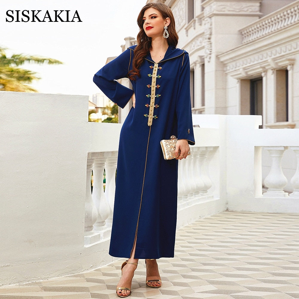 Siskakia Handmade Diamond Hooded Abaya Dress for Women Eid 2021 Modest Muslim Dubai Turkey Arabic Moroccan Kaftan Jalabiya Robe