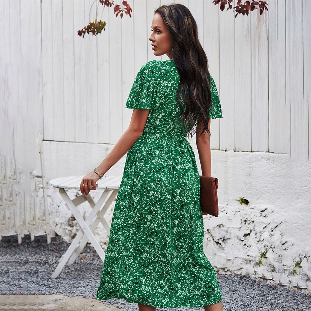 2021 Green Floral Print Ruffles Summer Dress Women Casual V-neck Button Sashes Dress Ladies Holiday Beach Sundresses Vestidos