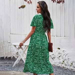 2021 Green Floral Print Ruffles Summer Dress Women Casual V-neck Button Sashes Dress Ladies Holiday Beach Sundresses Vestidos