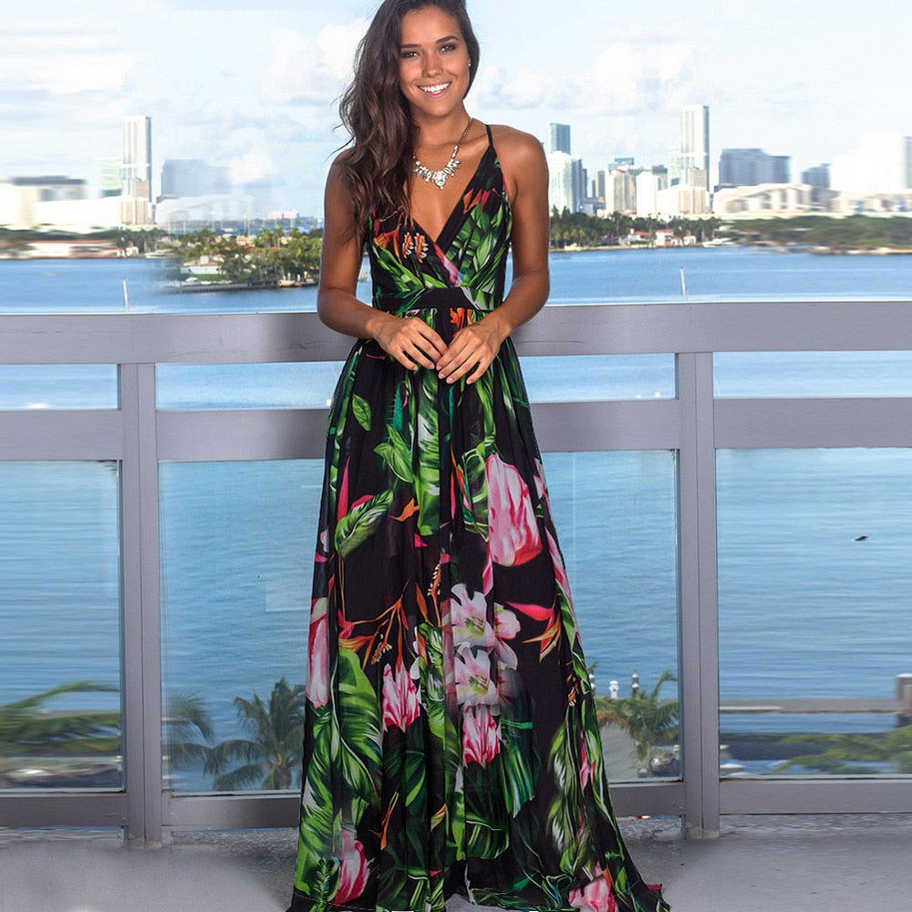 Floral Maxi Dresses for Women Summer 2021 Green V Neck Sleeveless Casual Halter Sundresses Women Party Beach Sexy Dress