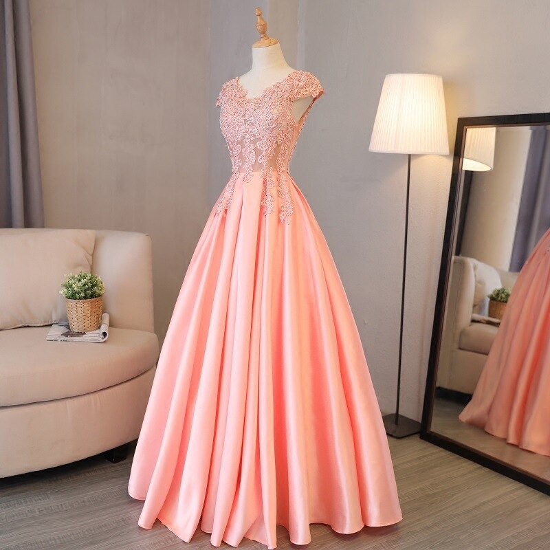 Beauty Emily Gorgeous 2020 Long Lace Appliques Pink Evening Dresses V Neck Sleeveless Pleated Prom Gown For Ceremony Party Dress